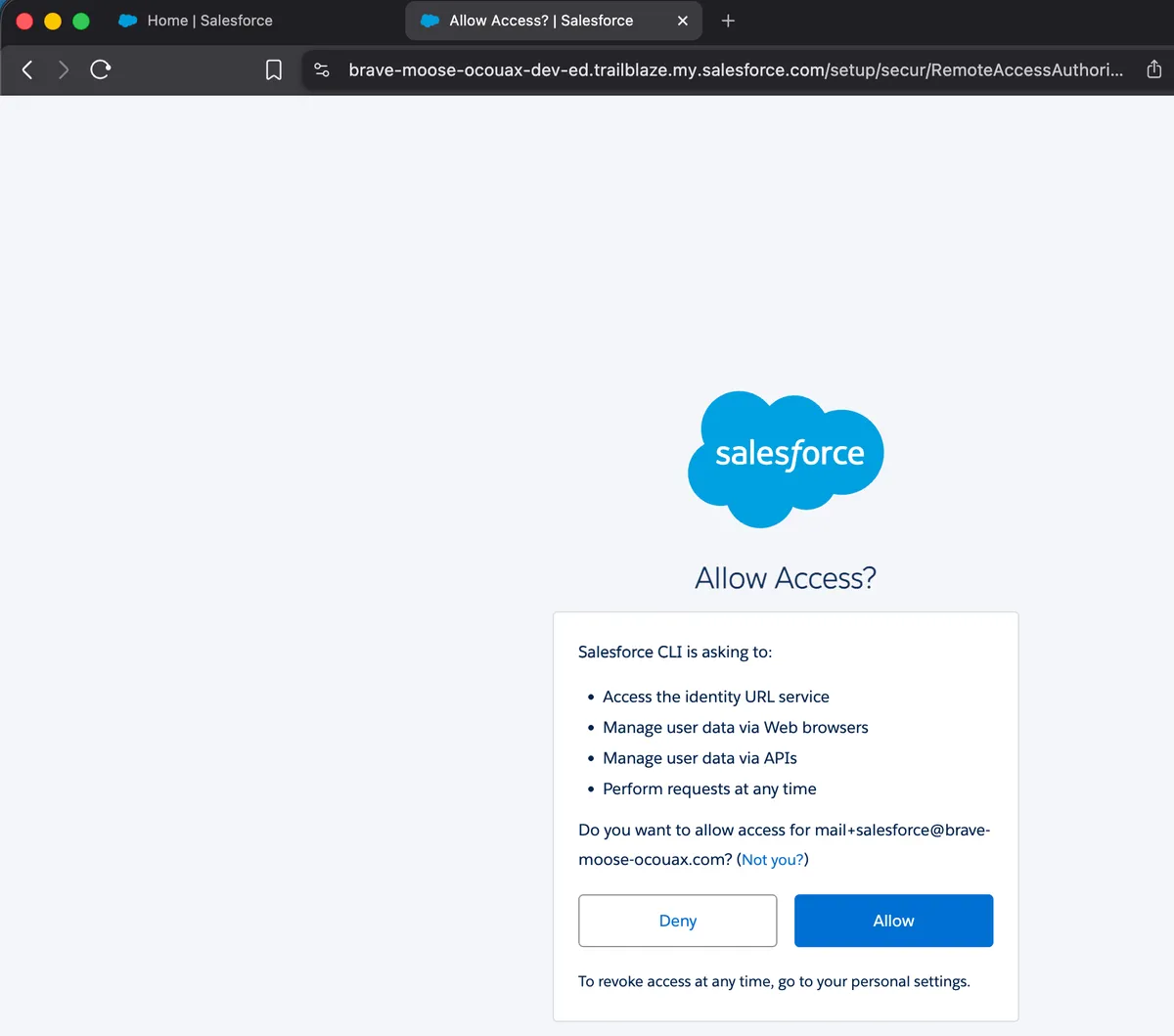 Allow Access screen for Salesforce CLI OAuth permissions