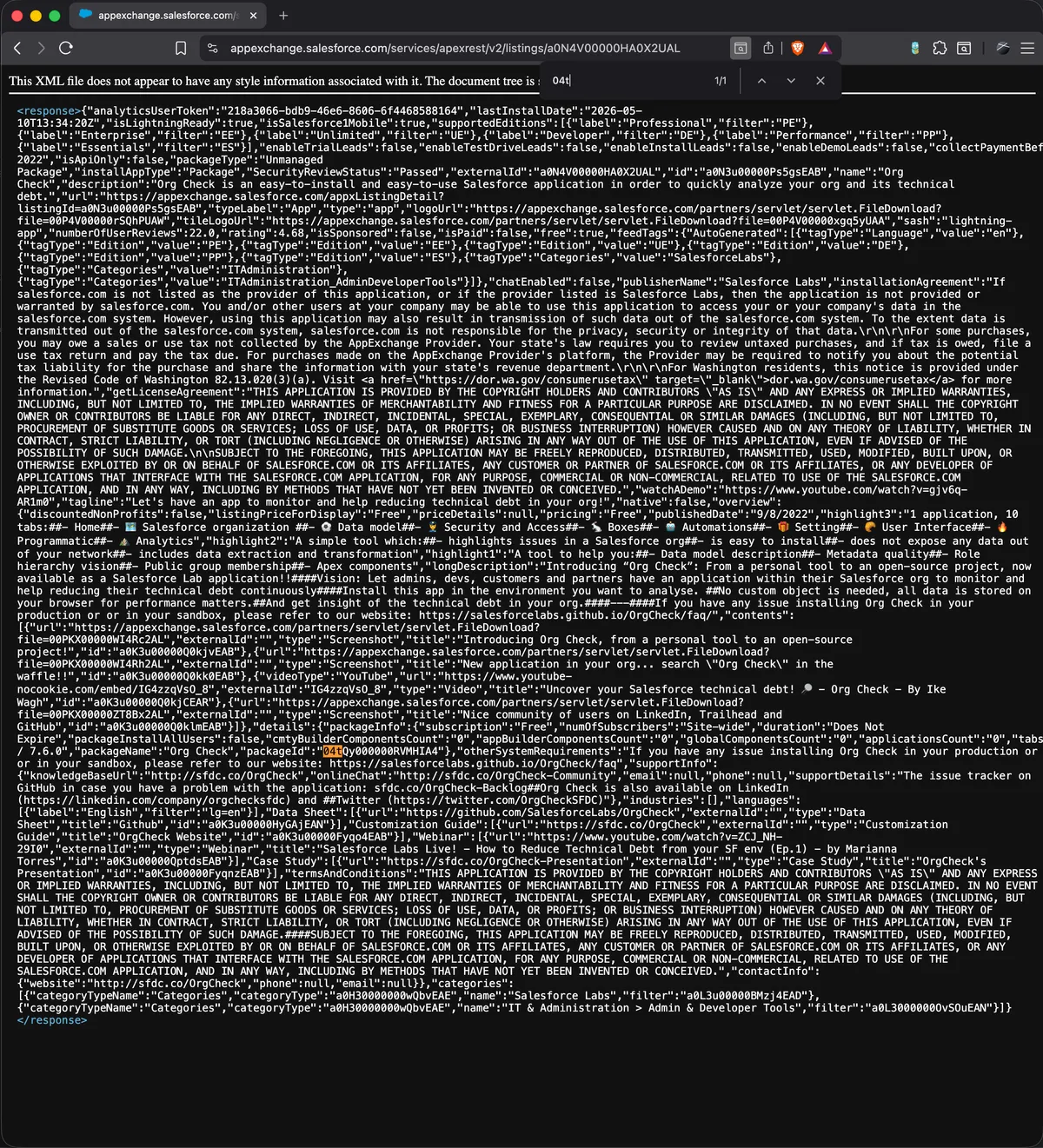 Browser showing raw XML response from the AppExchange listings API