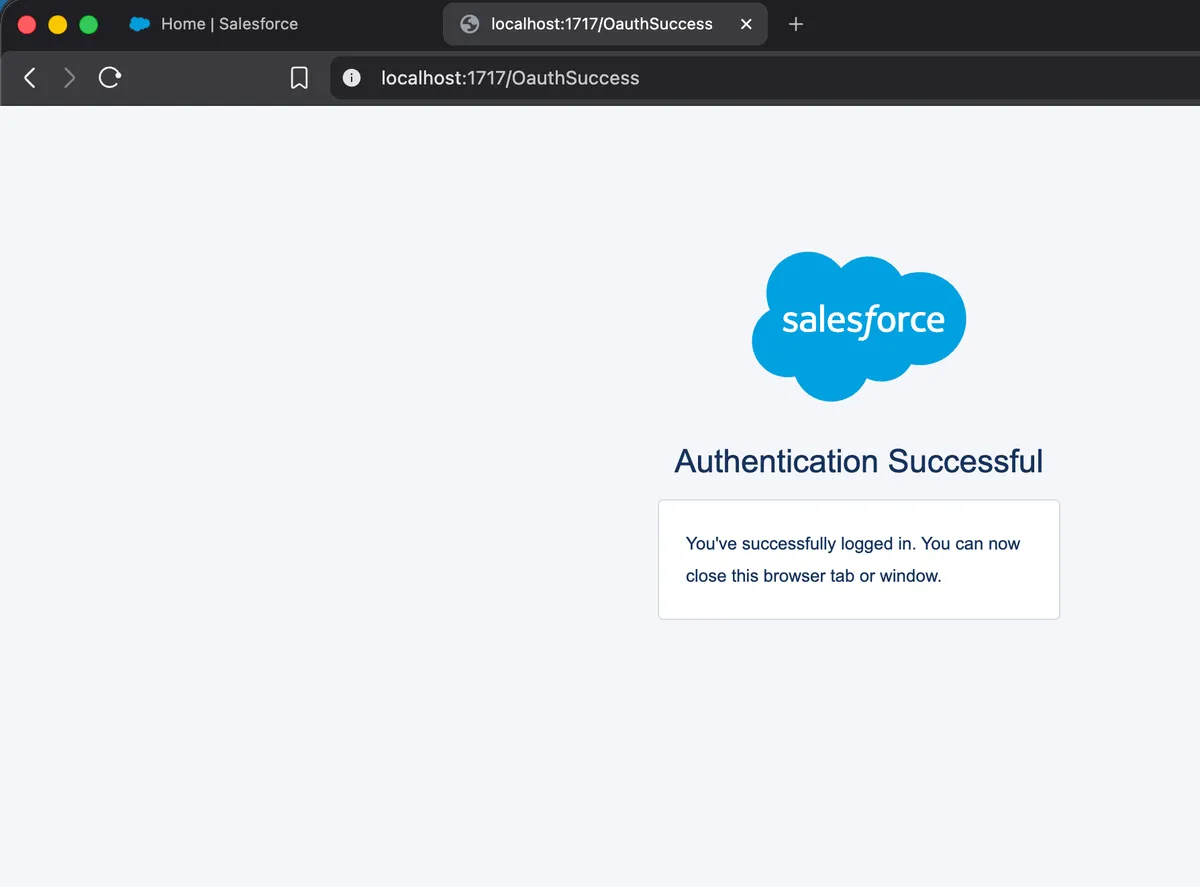 Browser showing Authentication Successful on localhost