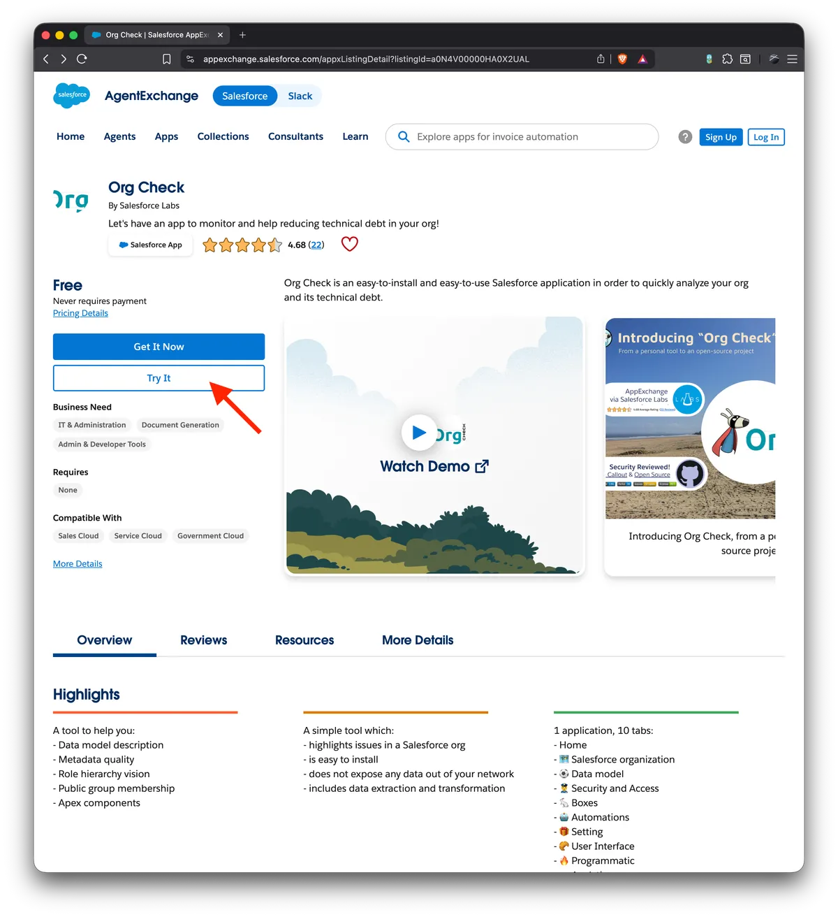 AppExchange listing for Org Check with the Try It button highlighted